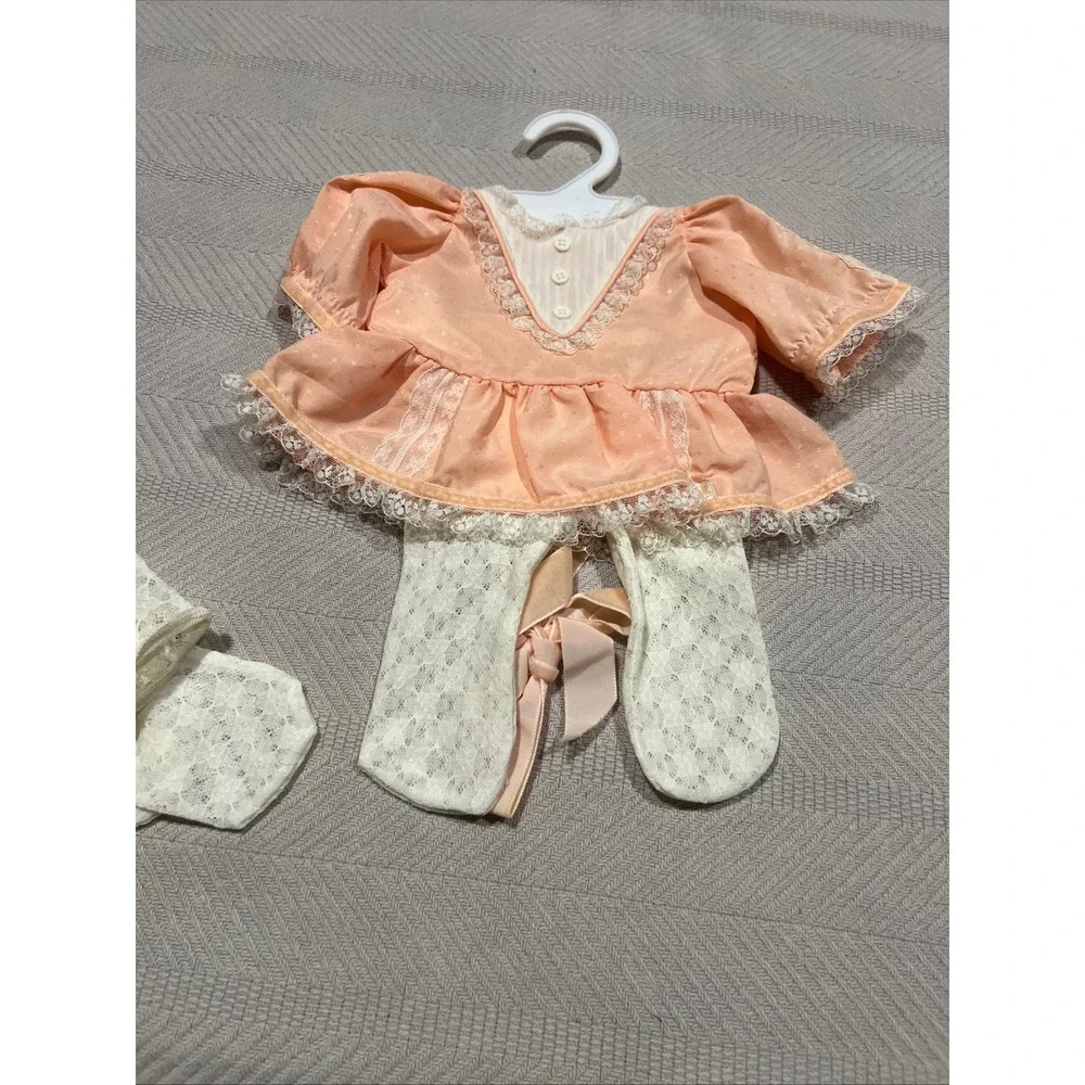Vintage 2 Cabbage Patch Kids Twin T1 Party Dress Peach Cotton Damask Tights